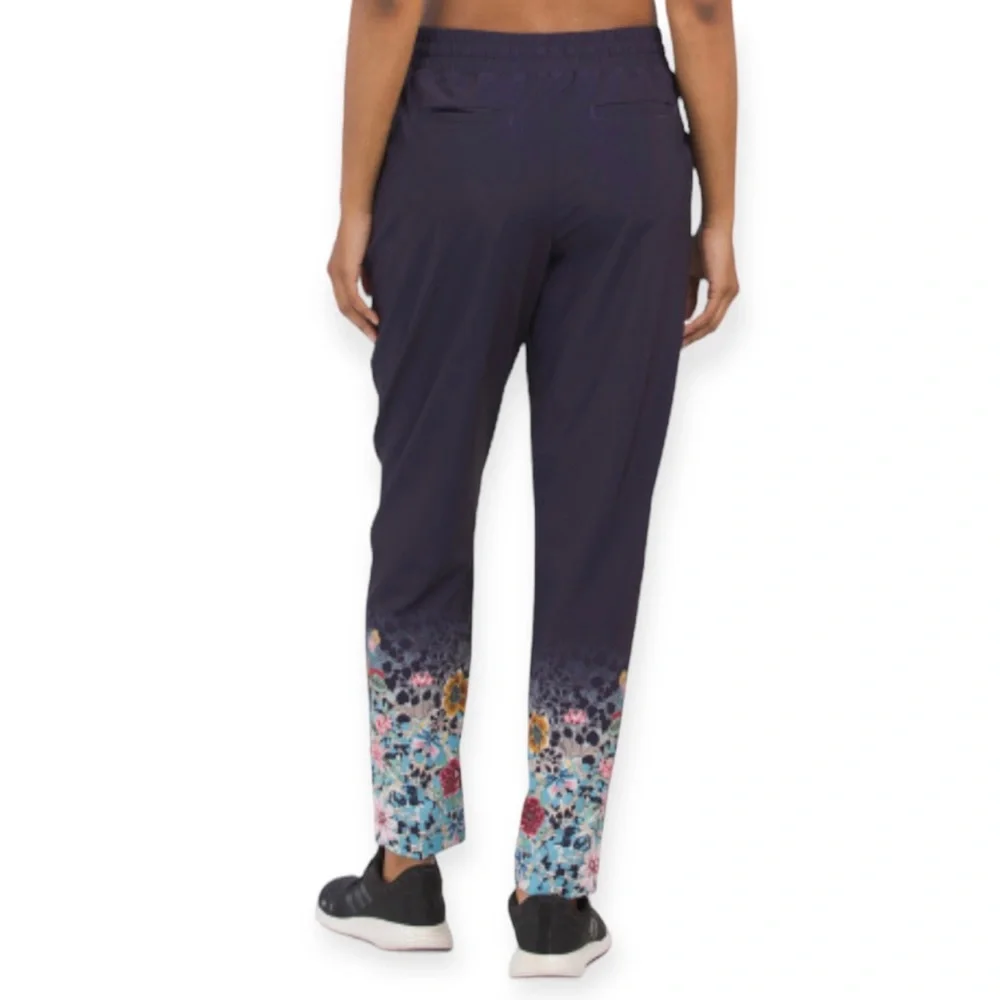 JOHNNY WAS Joy Vanda Track Pants Navy Multi Color Floral Hem Drawstring Jogger